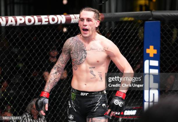 Brendan Allen reacts after his victory over Paul Craig of Scotland in a middleweight fight during the UFC Fight Night event at UFC APEX on November...