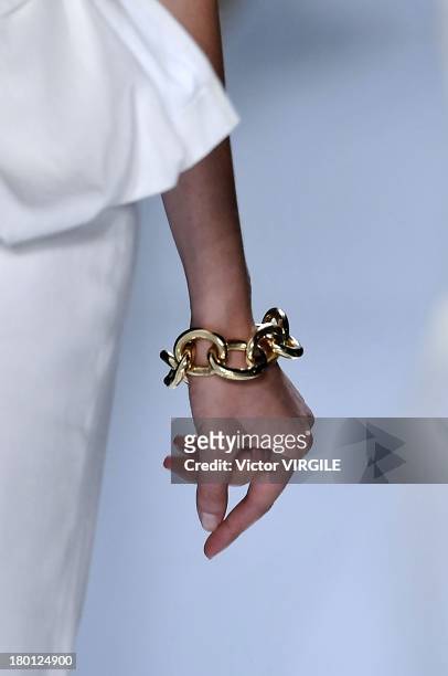 Model walks the runway at the Diane Von Furstenberg Ready to Wear fashion show during Mercedes-Benz Fashion Week Spring Summer 2014 at The Theatre at...
