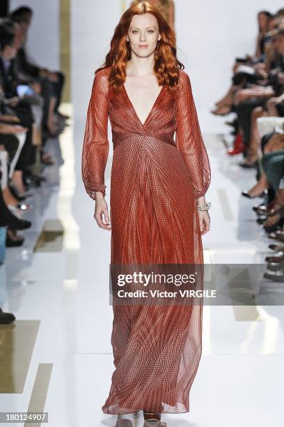 Model Karen Elson walks the runway at the Diane Von Furstenberg Ready to Wear fashion show during Mercedes-Benz Fashion Week Spring Summer 2014 at...