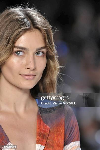 Model walks the runway at the Diane Von Furstenberg Ready to Wear fashion show during Mercedes-Benz Fashion Week Spring Summer 2014 at The Theatre at...