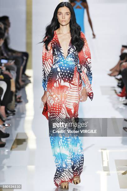 Model walks the runway at the Diane Von Furstenberg Ready to Wear fashion show during Mercedes-Benz Fashion Week Spring Summer 2014 at The Theatre at...