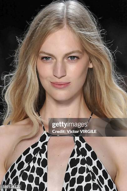 Model walks the runway at the Diane Von Furstenberg Ready to Wear fashion show during Mercedes-Benz Fashion Week Spring Summer 2014 at The Theatre at...