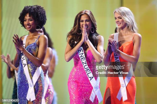 Miss Angola Ana Bárbara Da Silva Coimbra, Miss Venezuela Diana Silva and Miss Zimbabwe Brooke Bruk-Jackson participate during the 72nd Miss Universe...