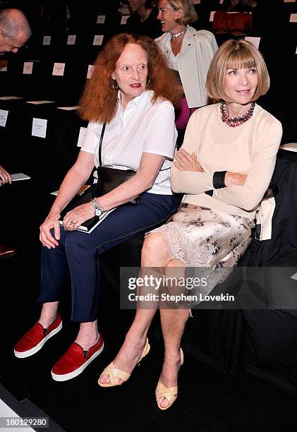 Grace Coddington and Anna Wintour attend the Carolina Herrera fashion show during Mercedes-Benz Fashion Week Spring 2014 at The Theatre at Lincoln...