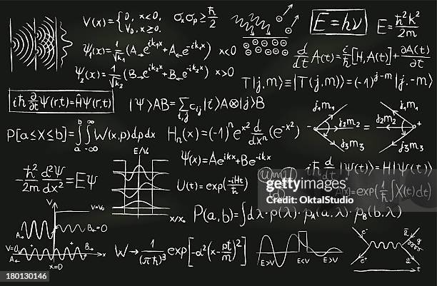 quantum physics auf einer tafel - quantum physics stock-grafiken, -clipart, -cartoons und -symbole