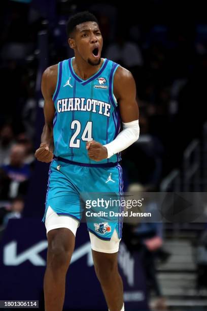 Brandon Miller of the Charlotte Hornets reacts after a play during the second half of an NBA game against the New York Knicks at Spectrum Center on...