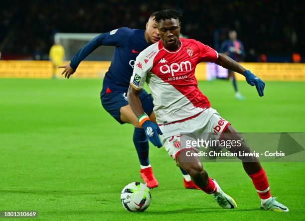Wilfried Singo of AS Monaco in action during the Ligue 1 Uber Eats match between Paris Saint-Germain and AS Monaco at Parc des Princes on November...
