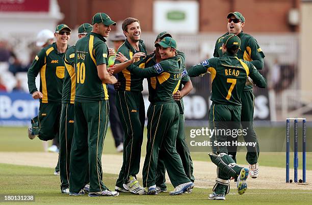 Harry Gurney of Nottinghamshire celebrates taking the wicket of Somerset's Marcus Trescothick during the Yorkshire Bank 40 Semi Final match between...