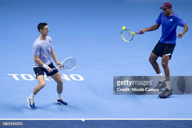 Rajeev Ram of USA and Joe Salisbury of Great Britain in action during the final doubles match against Marcel Granollers of Spain and Horacio Zeballos...