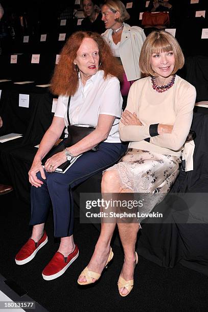 Grace Coddington and Anna Wintour attend the Carolina Herrera fashion show during Mercedes-Benz Fashion Week Spring 2014 at The Theatre at Lincoln...