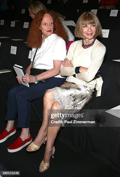 Grace Coddington and Vogue editor-in-chief Anna Wintour attend the Carolina Herrera show during Spring 2014 Mercedes-Benz Fashion Week at The Theatre...