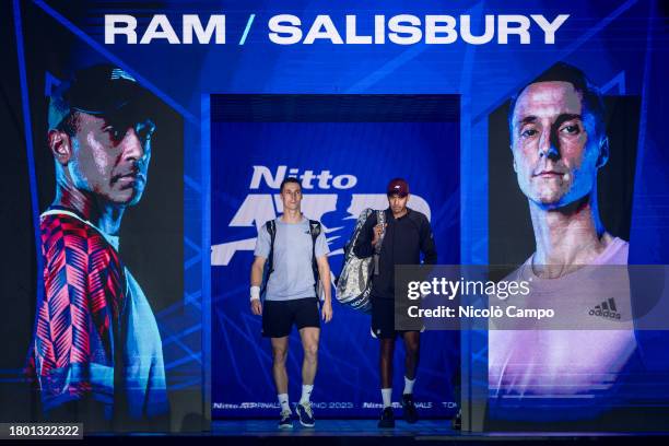 Rajeev Ram of USA and Joe Salisbury of Great Britain walk out prior to the final doubles match against Marcel Granollers of Spain and Horacio...