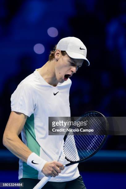 Jannik Sinner of Italy celebrates during the final singles match against Novak Djokovic of Serbia during day eight of the Nitto ATP Finals. Novak...