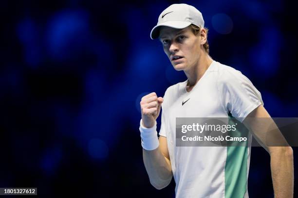 Jannik Sinner of Italy celebrates during the final singles match against Novak Djokovic of Serbia during day eight of the Nitto ATP Finals. Novak...