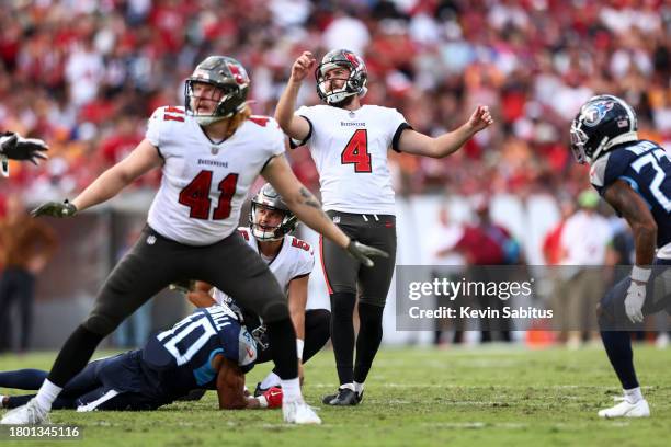 Chase McLaughlin of the Tampa Bay Buccaneers kicks a field goal during an NFL football game against the Tennessee Titans at Raymond James Stadium on...