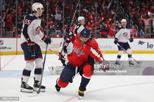 Alex Ovechkin of the Washington Capitals celebrates after scoring a goal against the Columbus Blue Jackets during the second period at Capital One...
