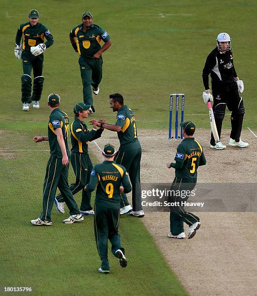 Ajmal Shazad of Nottinghamshire celebrates taking the wicket of Somerset's Steve Kirby during the Yorkshire Bank 40 Semi Final match between...