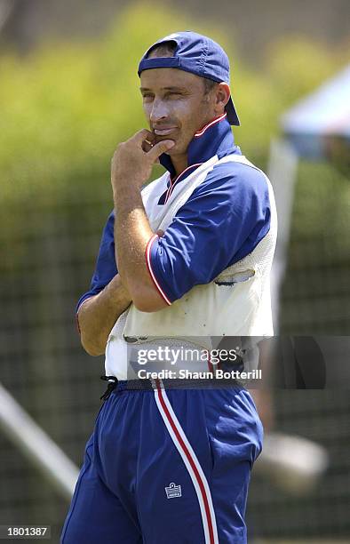 Nasser Hussain, the England captain looks on during the England nets session at St George's Park, Port Elizabeth, South Africa on February 18, 2003.