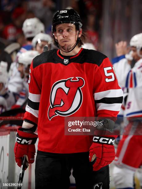 Erik Haula of the New Jersey Devils reacts during the third period against the New York Rangers at Prudential Center on November 18, 2023 in Newark,...