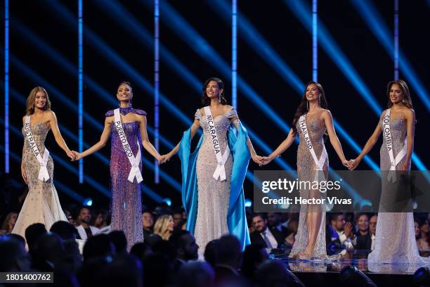 Miss Australia Moraya Wilson, Miss Puerto Rico Karla Guilfú, Miss Nicaragua Sheynnis Palacios, Miss Thailand Anntonia Porsild and Miss Colombia Maria...