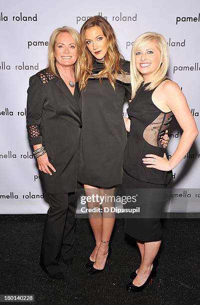 Pamella Roland, Katie Cassidy and Sydney De Vos pose backstage at the pamella roland Spring 2014 fashion show during Mercedes-Benz Fashion Week on...