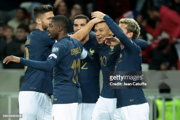 Kylian Mbappe of France celebrates his second goal with teammates during the UEFA EURO 2024 European qualifier match between France and Gibraltar at...