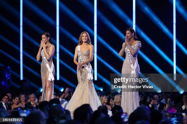 Top Three Miss Thailand Anntonia Porsild, Miss Australia Moraya Wilson and Miss Nicaragua Sheynnis Palacios pose during the 72nd Miss Universe...