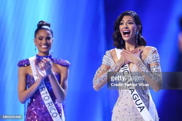 Miss Nicaragua Sheynnis Palacios reacts after reaching top three during the 72nd Miss Universe Competition at Gimnasio Nacional José Adolfo Pineda on...