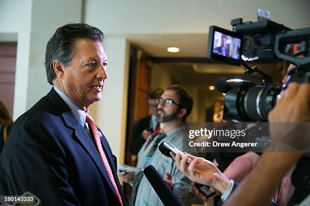 Rep. Lynn Westmoreland speaks to the media before a joint House Armed Services and Intelligence Committees briefing on Syria, on Capitol Hill, on...