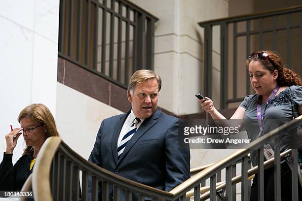 Chairman of the House Intelligence Committee U.S. Rep. Mike Rogers talks to a reporter as he arrives to a joint House Armed Services and Intelligence...