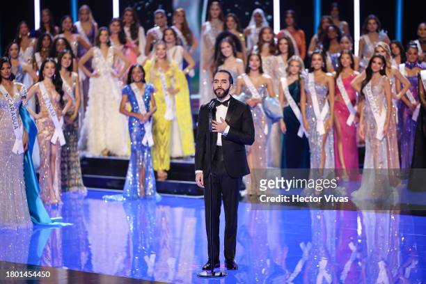 President of El Salvador Nayib Bukele speaks during the 72nd Miss Universe Competition at Gimnasio Nacional José Adolfo Pineda on November 18, 2023...