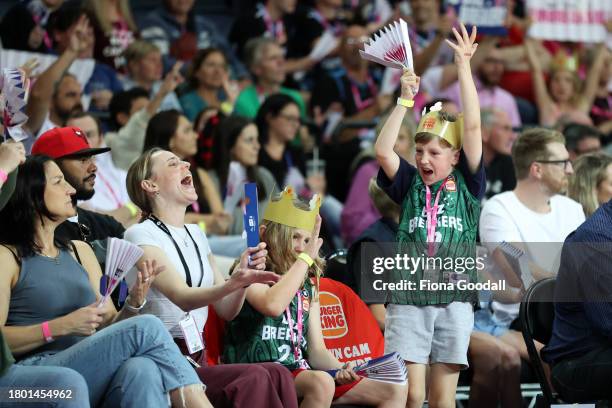 Fans react during the round eight NBL match between New Zealand Breakers and Illawarra Hawks at Spark Arena, on November 19 in Auckland, New Zealand.