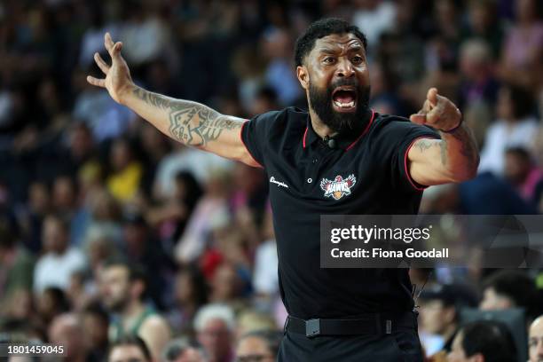 Hawks Head coach Justin Tatum reacts during the round eight NBL match between New Zealand Breakers and Illawarra Hawks at Spark Arena, on November 19...
