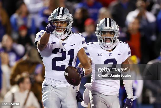 Safety Marques Sigle of the Kansas State Wildcats points to fans after intercepting a pass in the end zone during the 2nd half of the game against...