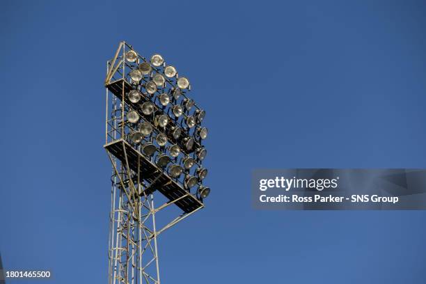 General view of a floodlight at Dens Park before a cinch Premiership match between Dundee and Hibernian at the Scot Foam Stadium at Dens Park, on...