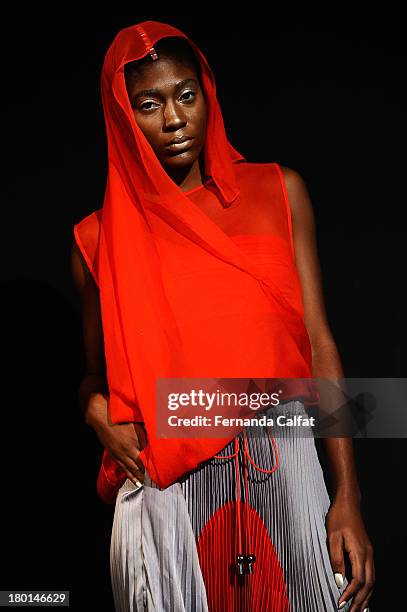 Model poses on the runway at the Czar By Cesar Galindo presentation during Mercedes-Benz Fashion Week Spring 2014 at The Box at Lincoln Center on...