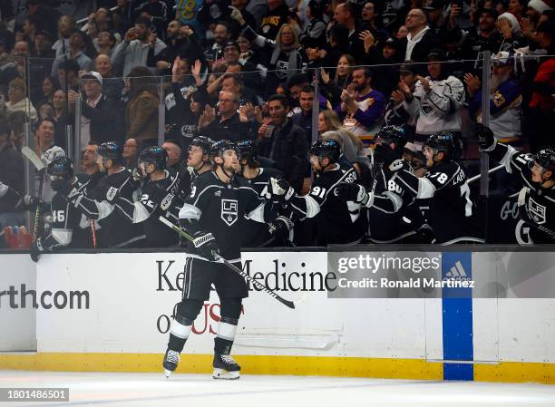 Adrian Kempe of the Los Angeles Kings celebrates a goal against the St. Louis Blues in the first period at Crypto.com Arena on November 18, 2023 in...