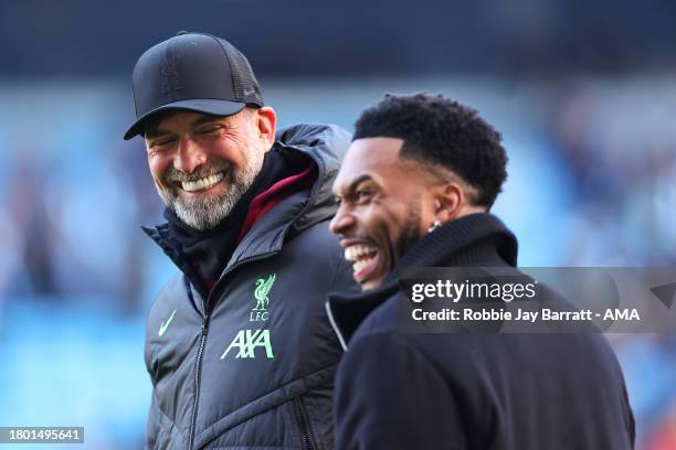 Jurgen Klopp the head coach / manager of Liverpool and Daniel Sturridge during the Premier League match between Manchester City and Liverpool FC at...