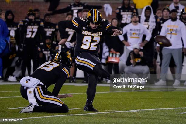 Place kicker Harrison Mevis of the Missouri Tigers kicks a game-winning field goal against the Florida Gators in the second half at Faurot...