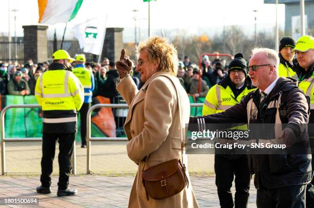 Legendary Rock Singer and Celtic Fan Rod Stewart arrives for the cinch Premiership match between Celtic and Motherwell at Celtic Park, on November 25...