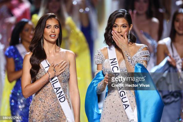 Miss Thailand Anntonia Porsild and Miss Nicaragua Sheynnis Palacios wait for the winner to be announced during the 72nd Miss Universe Competition at...