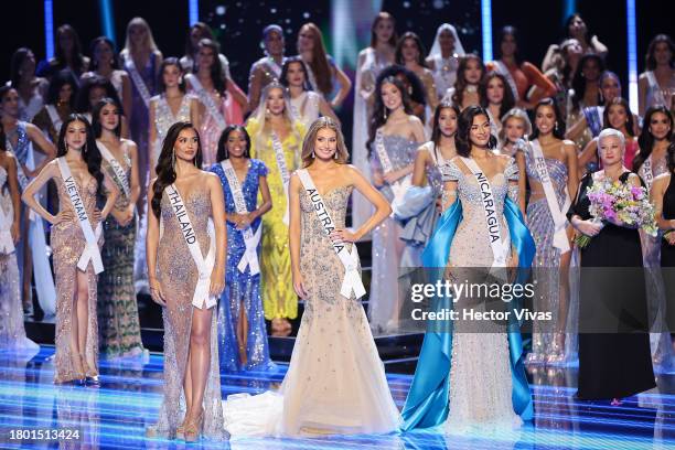 Miss Thailand Anntonia Porsild, Miss Australia Moraya Wilson and Miss Nicaragua Sheynnis Palacios line up during the 72nd Miss Universe Competition...