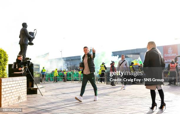 Celtic Captain Callum McGregor arrives during a cinch Premiership match between Celtic and Motherwell at Celtic Park, on November 25 in Glasgow,...