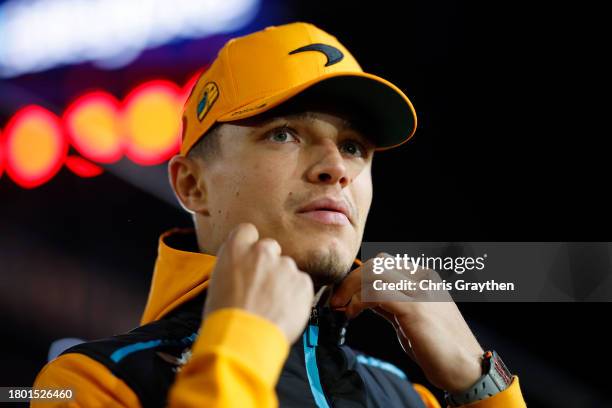 Lando Norris of Great Britain and McLaren looks on prior to the F1 Grand Prix of Las Vegas at Las Vegas Strip Circuit on November 18, 2023 in Las...