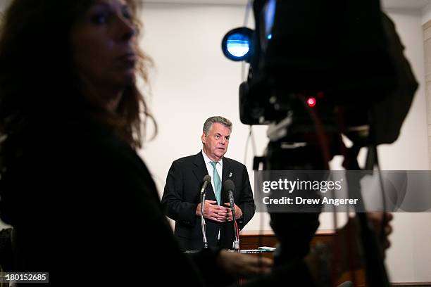 Rep. Peter King speaks to the media after a joint House Armed Services and Intelligence Committees briefing on Syria, on Capitol Hill, on September...