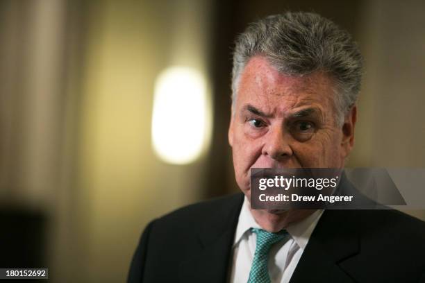 Rep. Peter King speaks to the media after a joint House Armed Services and Intelligence Committees briefing on Syria, on Capitol Hill, on September...