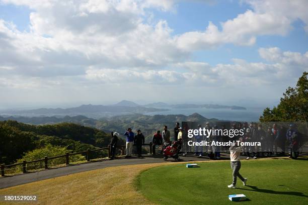 Momoko Ueda of Japan hits her tee shot on the 14th hole during the final round of 42nd DAIO PAPER elleair Ladies Open at elleair Golf Club Matsuyama...