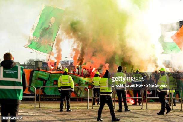 Celtic fans gather to welcome the team bus during a cinch Premiership match between Celtic and Motherwell at Celtic Park, on November 25 in Glasgow,...