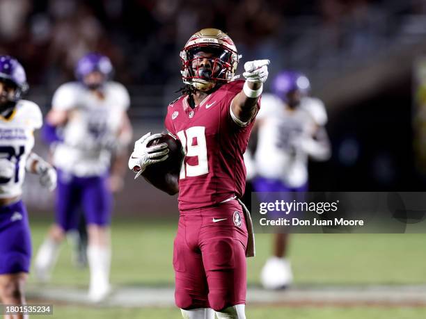 Wide Receiver Vandrevius Jacobs of the Florida State Seminoles celebrates after making a catch during the game against the North Alabama Lions on...