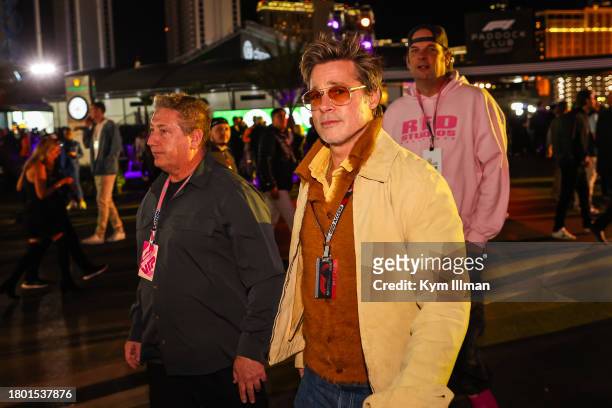 Brad Pitt enters the paddock during the F1 Grand Prix of Las Vegas at Las Vegas Strip Circuit on November 18, 2023 in Las Vegas, Nevada.